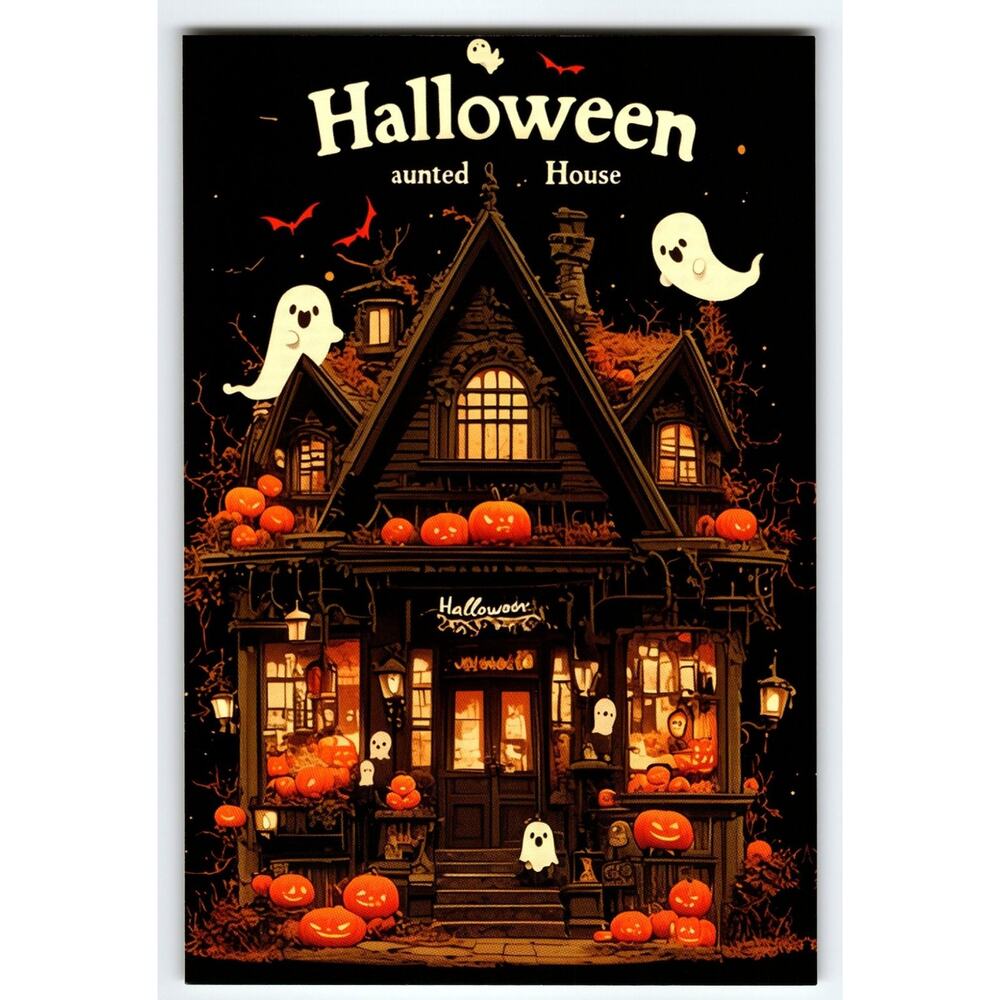 Vintage Halloween Haunted House Pumpkin Ghosts Photochrome Postcard